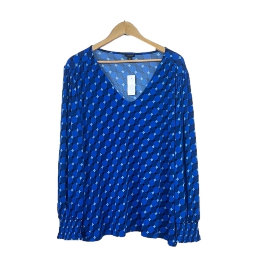 Ann Taylor Blouse Womens XXL  Long Sleeve Blue White V Neck Boho Business Career
